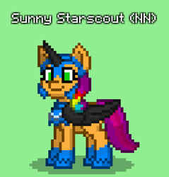 Size: 756x792 | Tagged: safe, nightmare moon, sunny starscout, earth pony, pony, pony town, g5, my little pony: tell your tale, clothes, cosplay, costume, green background, mane stripe sunny, nightmare moon armor, nightmare night, nightmare night costume, nightmare sunny, simple background, solo