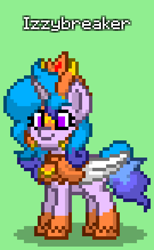 Size: 540x876 | Tagged: safe, daybreaker, izzy moonbow, pony, unicorn, pony town, g4, g5, clothes, costume, fake wings, green background, simple background, solo