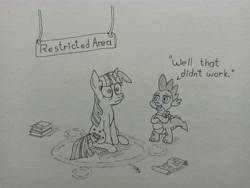 Size: 9248x6936 | Tagged: safe, artist:anxiouspon, spike, twilight sparkle, pony, fanfic:hard reset, g4, fanfic art, thousand yard stare, traditional art