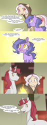 Size: 1280x3416 | Tagged: safe, artist:lolepopenon, oc, oc:billie, oc:gimmick, oc:needlework, earth pony, pony, unicorn, ask billie the kid, ask, comic, fireplace, trio