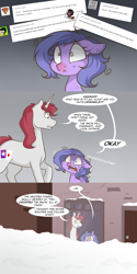 Size: 1280x2562 | Tagged: safe, artist:lolepopenon, oc, oc:billie, oc:gimmick, earth pony, pony, unicorn, ask billie the kid, ask, comic, duo, snow