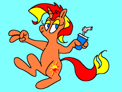 Size: 1167x880 | Tagged: safe, artist:msponies, sunset shimmer, pony, unicorn, anthro, g4, bipedal, drink, drinking straw, hand, lidded eyes, ms paint, peace sign, simple background, smiling, tail, teal background