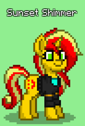 Size: 552x816 | Tagged: safe, sunset shimmer, pony, unicorn, pony town, g4, clothes, green background, jacket, simple background, solo