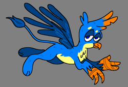 Size: 1296x886 | Tagged: safe, artist:msponies, gallus, griffon, g4, chest fluff, flying, gray background, lidded eyes, male, ms paint, requested art, simple background, smiling, solo, spread wings, tail, wings