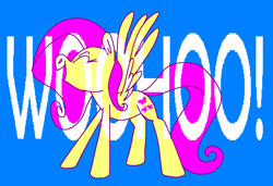 Size: 1296x886 | Tagged: safe, artist:msponies, fluttershy, pegasus, pony, g4, blue background, eyes closed, female, mare, ms paint, open mouth, open smile, simple background, smiling, spread wings, wings, woohoo