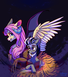 Size: 2784x3155 | Tagged: safe, artist:teaflower300, discord, fluttershy, draconequus, pony, unicorn, g4, beard, book, coils, commission, draconequified, duo, duo male and female, facial hair, female, flutterequus, grin, high res, horns, male, mismatched wings, pony discord, signature, smiling, species swap, spread wings, stallion, wings