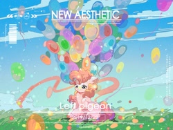 Size: 2160x1620 | Tagged: safe, artist:lendftcn, pinkie pie, earth pony, pony, g4, balloon, female, mare, sitting, solo, text