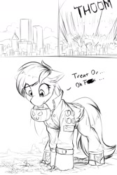 Size: 1200x1800 | Tagged: safe, artist:ravistdash, oc, oc only, oc:ravist, pegasus, pony, accident, apologetic, candy, censored, censored vulgarity, cheek fluff, chest fluff, city, cityscape, clothes, crush fetish, crushing, destruction, ear fluff, fetish, floppy ears, food, giant pony, looking at something, looking down, macro, macro/micro, micro, monochrome, pumpkin, pumpkin bucket, solo, solo focus