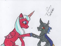 Size: 815x620 | Tagged: safe, artist:alejandrogmj, opaline arcana, oc, oc:alejandrogmj, alicorn, changeling, pony, g5, spoiler:g5, canon x oc, changeling oc, looking at each other, looking at someone, missing accessory, raised hoof