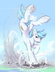 Size: 750x987 | Tagged: safe, artist:ravistdash, oc, oc only, oc:snap fable, pony, unicorn, aircraft, autumn, blast, butt, chest fluff, crater, crush fetish, destruction, dock, ear fluff, explosion, fetish, jumping, looking back, macro, macro/micro, male, micro, plot, shockwave, solo, tail, underhoof