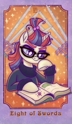 Size: 592x1024 | Tagged: safe, artist:sophie scruggs, moondancer, pony, unicorn, g4, book, female, glasses, hoof on chin, mare, reading, studying, tarot card