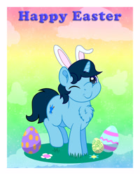 Size: 2000x2500 | Tagged: safe, artist:spellboundcanvas, oc, oc:dusk spellbound, pony, unicorn, bunny ears, chest fluff, commission, easter, easter egg, egg, high res, holiday, male, solo, stallion, ych result
