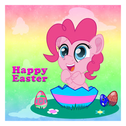 Size: 2500x2500 | Tagged: safe, artist:spellboundcanvas, pinkie pie, earth pony, pony, g4, chibi, commission, easter, easter egg, egg, eggshell, female, high res, holiday, mare, solo, ych result