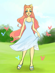 Size: 1200x1600 | Tagged: safe, artist:kavli-kaffel, fluttershy, butterfly, anthro, plantigrade anthro, g4, ambiguous facial structure, clothes, dress, female, grass, grass field, mare, sandals, smiling, solo, sundress