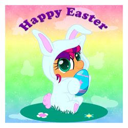 Size: 2500x2500 | Tagged: safe, artist:spellboundcanvas, sunny starscout, earth pony, pony, g5, animal costume, bunny costume, bunny ears, bunny starscout, chibi, clothes, commission, costume, easter, easter egg, egg, female, high res, holiday, mare, solo, sunny bunny, ych result