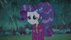Size: 1920x1080 | Tagged: safe, edit, editor:someguy845, screencap, sound edit, rarity, human, equestria girls, equestria girls series, g4, inclement leather, spoiler:choose your own ending (season 2), spoiler:eqg series (season 2), 70s, animated, clothes, female, forest, jacket, makeup, marshmelodrama, mascara, mascarity, music, outdoors, rain, rarity being rarity, running makeup, sad, sound, suede jacket, webm, wet, wet hair, wet hairity