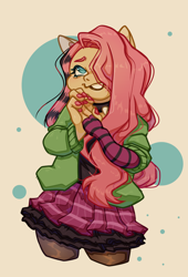 Size: 1064x1562 | Tagged: safe, artist:eggymy, fluttershy, pegasus, anthro, dtiys emoflat, g4, choker, clothes, draw this in your style, evening gloves, female, fingerless elbow gloves, fingerless gloves, gloves, grin, hair over one eye, hands together, jacket, long gloves, mare, plaid skirt, skirt, smiling, solo, spiked choker, striped gloves