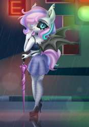 Size: 3500x5000 | Tagged: safe, artist:irinamar, oc, oc only, oc:wet dream, bat pony, anthro, :p, bat pony oc, bat wings, black sclera, choker, clothes, commission, fangs, fishnet stockings, high heels, looking at you, multicolored mane, pastel goth, rain, shoes, signature, skirt, slit pupils, socks, solo, spread wings, stiletto heels, striped socks, thigh highs, tongue out, umbrella, wings, ych result