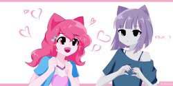 Size: 1280x640 | Tagged: safe, artist:sholechbrony, maud pie, pinkie pie, human, equestria girls, g4, duo, eared humanization, excited, female, heart, heart hands, humanized, open mouth, open smile, siblings, signature, sisters, smiling, sparkles