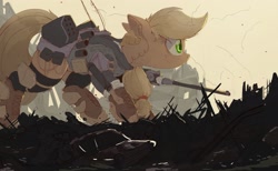 Size: 2048x1262 | Tagged: source needed, safe, artist:ncmares, applejack, pony, tank pony, g4, apple, cannon, colored, destruction, food, giant apple, giant pony, looking at something, macro, micro, missile launcher, rubble, soldier, soldier pony, war