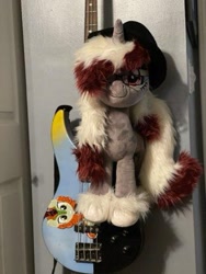 Size: 360x480 | Tagged: artist needed, safe, oc, oc:rose glow, pony, bass guitar, glasses, hat, irl, musical instrument, photo, plushie