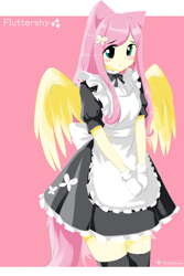 Size: 2000x3000 | Tagged: safe, artist:sholechbrony, fluttershy, human, equestria girls, g4, blushing, cute, eared humanization, female, fluttermaid, hands together, high res, humanized, maid, pink background, shyabetes, signature, simple background, solo, tail, tailed humanization, winged humanization, wings