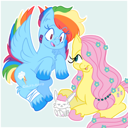 Size: 3000x3000 | Tagged: safe, artist:aurozorrox, angel bunny, fluttershy, rainbow dash, pegasus, pony, rabbit, g4, alternate hairstyle, animal, bandage, bandaid, female, flower, flower in hair, flying, hair over one eye, high res, lesbian, looking at each other, looking at someone, lying down, male, mare, petting, prone, ship:flutterdash, shipping, smiling, smiling at each other, trio, unshorn fetlocks