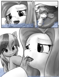 Size: 850x1100 | Tagged: safe, artist:alloyrabbit, fluttershy, rainbow dash, g4, battleship, battleship ponies, comic, fangs, fetish, hesitant, imminent vore, looking at someone, macro, macro/micro, maw, mawshot, micro, nervous, open mouth, scared, thousand yard stare, tongue out, traumatized, unsure, vore, water