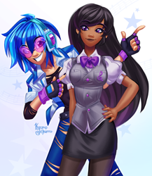 Size: 3514x4050 | Tagged: safe, artist:kyurochurro, dj pon-3, octavia melody, vinyl scratch, human, g4, clothes, dark skin, duo, female, fingerless gloves, gloves, grin, hand on hip, humanized, signature, simple background, smiling, stars, tan skin, white background