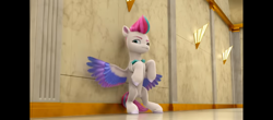 Size: 2460x1080 | Tagged: safe, screencap, zipp storm, pegasus, pony, g5, my little pony: make your mark, my little pony: make your mark chapter 1, spoiler:my little pony: make your mark, belly, bipedal, colored wings, concave belly, eyebrows, female, mare, multicolored wings, slender, sneaky, solo, spread wings, thin, wings, zephyr heights