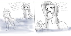 Size: 1444x741 | Tagged: safe, artist:alloyrabbit, fluttershy, rainbow dash, oc, oc:destroyer, boatpony, g4, battleship ponies, blank stare, boat, floppy ears, hesitant, imminent vore, looking at someone, looking down, macro, macro/micro, micro, scared, unwilling predator, unwilling prey