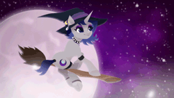 Size: 640x360 | Tagged: safe, artist:rumista, oc, oc only, oc:moonlit silver, pony, unicorn, animated, arm band, beautiful, body markings, bow, broom, butt, choker, clothes, cloud, ear piercing, eyeshadow, female, fishnet stockings, flowing mane, flowing tail, flying, flying broomstick, gif, goth, gothic, gradient mane, gradient tail, halloween, hat, holiday, horn, makeup, moon, night, nightmare night, piercing, plot, pony oc, smiling, socks, solo, sparkles, spiked choker, stars, tail, thigh highs, unicorn oc, witch, witch hat