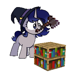 Size: 1000x1000 | Tagged: safe, artist:sugar morning, oc, oc only, oc:moonlit silver, pony, animated, blue eyes, bookshelf, coat markings, commission, cowboy hat, cute, gif, gradient mane, gradient tail, gray coat, hat, male, minecraft, netherite axe, simple background, solo, stallion, stetson, sugar morning's miners, tail, transparent background, witch, witch hat, ych result