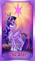 Size: 1186x2048 | Tagged: safe, artist:sophie scruggs, twilight sparkle, alicorn, pony, g4, female, jewelry, looking back, mare, regalia, solo, tarot card, twilight sparkle (alicorn), twilight sparkle's cutie mark