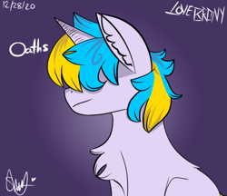 Size: 646x559 | Tagged: safe, artist:lonebrony, oc, oc only, oc:oathkeeper, pony, unicorn, back fluff, bangs, blue mane, chest fluff, digital art, ear fluff, hair covering face, hair over eyes, horn, signature, simple background, solo, unicorn oc, yellow mane