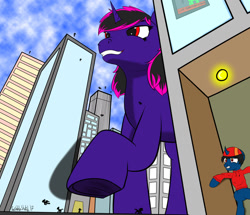 Size: 900x773 | Tagged: safe, artist:emeraldislebrony, oc, oc:blazing cobalt, oc:velocity, pony, unicorn, city, cityscape, clothes, complex background, dirty hooves, evil smile, grin, macro, macro/micro, micro, raised hoof, smiling, walking