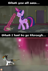 Size: 733x1089 | Tagged: safe, artist:vanillabeam, edit, edited screencap, screencap, twilight sparkle, oc, oc:vanilla beam, alicorn, earth pony, pony, g4, the saddle row review, broom, cleaning, dust, eyes closed, female, glowing, glowing horn, horn, magic, male, mare, micro, run away, running, stallion, sweeping, sweepsweepsweep, telekinesis, tiny, tiny ponies, twilight sparkle (alicorn), twilight sweeple, walking