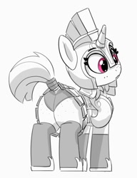 Size: 664x866 | Tagged: safe, artist:pabbley, edit, oc, oc only, unnamed oc, pony, unicorn, armor, butt, butt freckles, clothes, cute, eyebrows, female, freckles, frown, grayscale, guardsmare, helmet, horn, mare, monochrome, ocbetes, panties, partial color, plot, rear view, royal guard, simple background, skirt, solo, underwear, unicorn oc, upskirt, white background