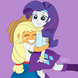 Size: 1280x1280 | Tagged: safe, artist:cheerypie, applejack, rarity, human, equestria girls, g4, belt, boots, clothes, cowboy hat, duo, female, hat, high heel boots, hug, lesbian, ship:rarijack, shipping, shirt, shoes, skirt