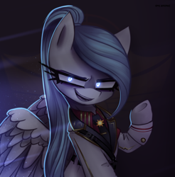 Size: 2800x2840 | Tagged: safe, alternate version, artist:opal_radiance, oc, oc only, oc:opal rosamond, pegasus, pony, equestria at war mod, high res, looking at you, open mouth, open smile, partially open wings, pax solaris, pegasus oc, slasher smile, smiling, smiling at you, solo, wings