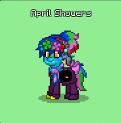 Size: 828x842 | Tagged: safe, oc, oc only, oc:april showers, earth pony, pony, bag, clothes, floral head wreath, flower, green background, saddle bag, scarf, simple background, solo