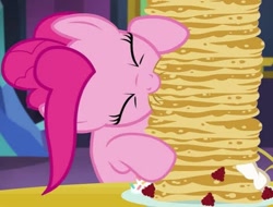 Size: 473x360 | Tagged: safe, screencap, pinkie pie, earth pony, pony, castle sweet castle, g4, cropped, eating, food, herbivore, nom, pancakes, solo, strawberry, twilight's castle, whipped cream