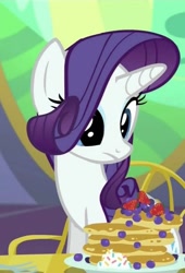 Size: 491x720 | Tagged: safe, screencap, rarity, pony, unicorn, castle sweet castle, g4, blueberry, cropped, food, pancakes, solo, strawberry, twilight's castle, whipped cream