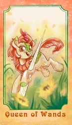 Size: 1186x2048 | Tagged: safe, artist:sophie scruggs, autumn blaze, kirin, g4, cloven hooves, female, flower, leonine tail, open mouth, open smile, smiling, solo, tail, tarot card