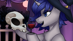 Size: 1280x720 | Tagged: safe, artist:magicstarfriends, oc, oc:moonlit silver, pony, unicorn, alcohol, dead, detailed background, eyeshadow, glass, gradient mane, gray coat, grimcute, hat, horn, makeup, moon, night, open mouth, skull, smiling, unicorn oc, wine, wine glass, witch, witch hat