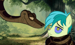 Size: 900x547 | Tagged: safe, artist:ocean lover, sandbar, earth pony, pony, python, snake, g4, animated, bush, coils, cute, disney, forest, forest background, hypno eyes, hypnosis, hypnotized, jungle, kaa, leaves, looking at each other, looking at someone, male, path, smiling, smirk, squeeze, teenager, the jungle book, tree, two toned mane, wrapped up