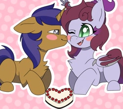 Size: 2048x1820 | Tagged: safe, oc, oc only, oc:jade jump, oc:lunar spice, bat pony, pony, unicorn, anniversary art, cake, cheek kiss, commission, food, jadespice, kissing, shipping