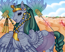 Size: 1250x1000 | Tagged: safe, artist:snowberry, hedju-hor, pegasus, pony, unicorn, ancient egypt, braid, braided tail, building, clothes, cloud, crook, ear piercing, earring, egyptian, eye of horus, eyeliner, eyeshadow, fan, feather, flail, gold, headress, jewelry, levitation, magic, makeup, male, mole, nudity, offscreen character, outdoors, pharaoh, piercing, pyramid, regalia, sand, see-through, sheath, sky, solo, stallion, tail, telekinesis, tree, two toned mane, weapon, wing hold, wings