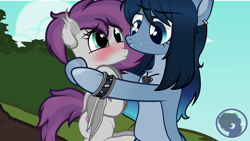 Size: 1920x1080 | Tagged: safe, artist:blackholestudios, derpibooru exclusive, screencap, oc, oc:ebony rain, oc:opal brona, bat pony, lamia, original species, pony, g4, adorable distress, animated at source, blue eyes, blue mane, blushing, bracelet, chest fluff, cute, cute little fangs, daaaaaaaaaaaw, digital art, ear fluff, explicit source, fangs, hape, hug, jewelry, looking at each other, looking at someone, ocbetes, personal space invasion, pink mane, screenshots, source in the description, watermark