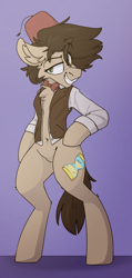 Size: 690x1446 | Tagged: safe, artist:kirbirb, doctor whooves, time turner, oc, oc:maredoc, earth pony, pony, g4, belly button, bipedal, bowtie, chest fluff, clothes, female, fez, hat, male, mare, pubic mound, solo, stallion, torn clothes